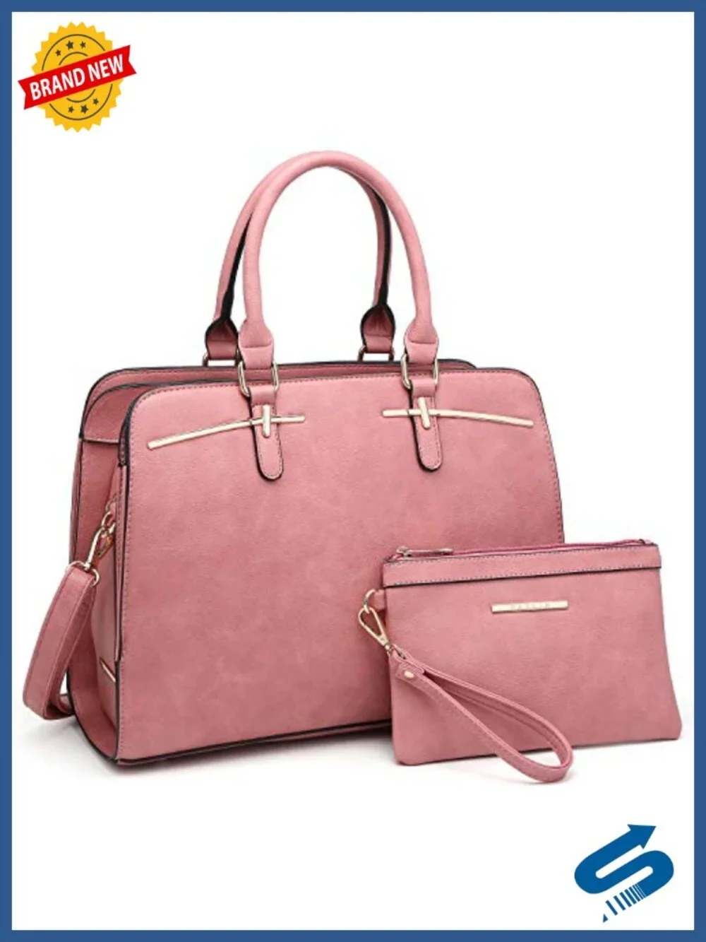 Vegan Leather Satchel Purse Set 2pc with Top Handle & Shoulder Strap
